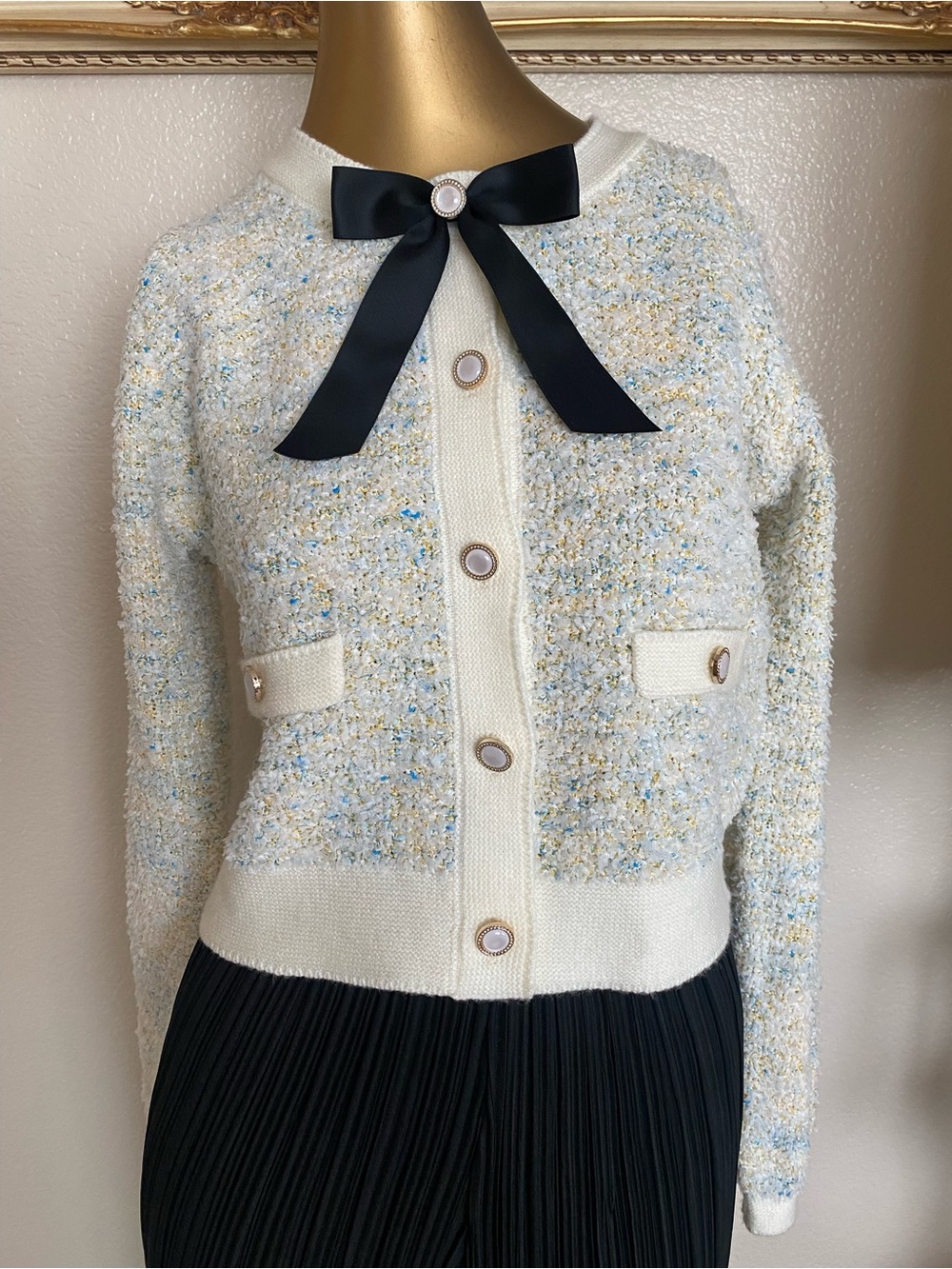 Lea & Viola Tweed Button Down Bow Sweater Jacket